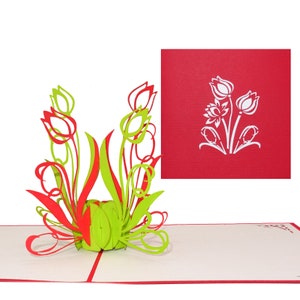 Carte pop-up "Tulipes" Carte de fleurs vertes et rouges Carte de Pâques Carte d'anniversaire Carte d'invitation 3D Carte d'anniversaire Carte d'argent Cadeau image 3