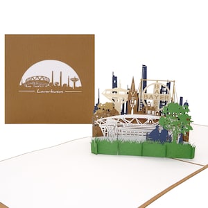 Tarjeta desplegable “Leverkusen – Skyline”: tarjeta de felicitación en 3D como recuerdo, vale de regalo, tarjeta con sobre, invitación a un viaje a la ciudad y artículos para fans