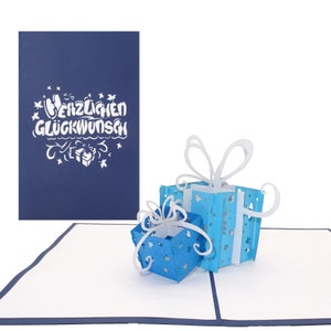 Biglietto di auguri di compleanno "Regali - Congratulazioni" Blu e bianco - Biglietto pop-up, Biglietto 3D, Biglietto pop-up, Biglietto di auguri di compleanno
