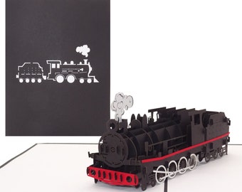 Tarjeta desplegable "Locomotora de vapor". Tarjeta de felicitación 3D, tarjeta ferroviaria, decoración ferroviaria, tarjeta de cumpleaños, vale de viaje en tren.