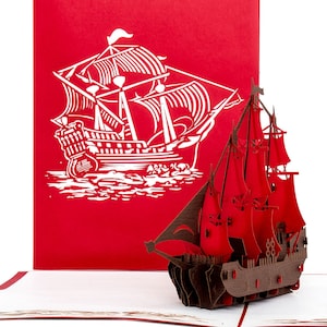 Mappa pop-up Nave "4- Master" Red Wood Brown, Carta di spedizione, Voucher di viaggio, Biglietto di compleanno, Biglietto di auguri con nave, Carta barca