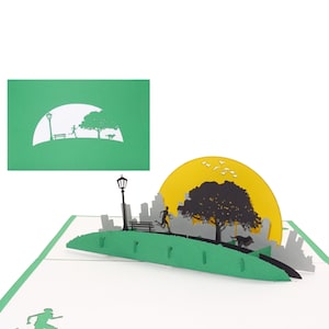Pop Up Karte "Jogger im Park" - 3D Glückwunschkarte Jogging als Gutschein, Einladungskarte für Fitness, Laufen mit Hund, Joggen & Sport