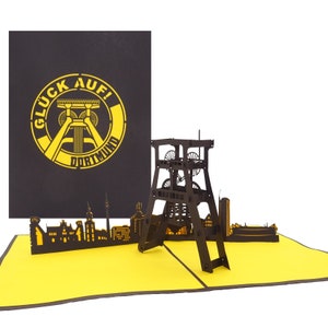 Carte pop-up « Dortmund – Glück Auf » - grande carte d'anniversaire 3D Dortmund avec enveloppe comme article de fan, bon d'achat et billet d'invitation au stade