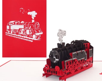 Pop-up card "Railway - Locomotive" - 3D greeting card with envelope as a birthday card, train trip voucher & model building gift idea