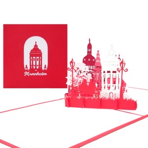 Tarjeta 3D “Mannheim – Panorama con torre de agua”, tarjeta de felicitación desplegable con sobre como recuerdo, vale de viaje y decoración