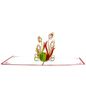 Carte pop-up "Tulipes" Carte de fleurs vertes et rouges Carte de Pâques Carte d'anniversaire Carte d'invitation 3D Carte d'anniversaire Carte d'argent Cadeau image 4