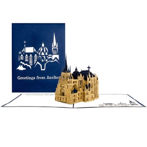Cartão pop-up Catedral de Aachen "Saudações de Aachen" Azul, Cartão de felicitações Aix-la-Chapelle, Cartão de felicitações Aachen