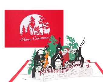 Carte de Noël 3D « Père Noël et rennes – Joyeux Noël » - carte pop-up amusante pour Noël