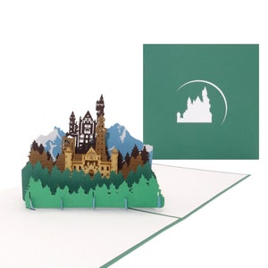 Pop-Up Karte „Bergpanorama & Schloss“ 3D Grußkarte mit Modell German Castle als Souvenir, Geschenk, Einladung zum Wandern in Bayern