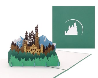 Pop-Up Karte „Bergpanorama & Schloss“ 3D Grußkarte mit Modell German Castle als Souvenir, Geschenk, Einladung zum Wandern in Bayern