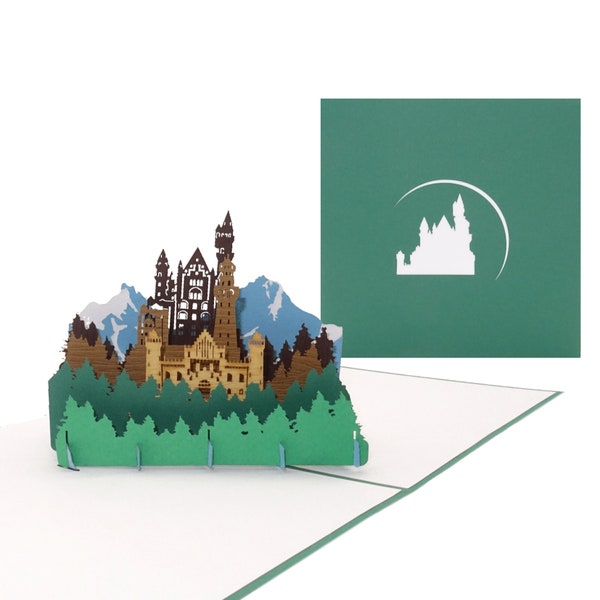 Pop-Up Karte „Bergpanorama & Schloss“ 3D Grußkarte mit Modell German Castle als Souvenir, Geschenk, Einladung zum Wandern in Bayern