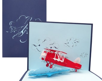 Carte pop-up "Avion" - Carte d'anniversaire 3D, carte d'avion avec modèle 3D d'avion à hélice comme bon d'achat, emballage cadeau pour le vol