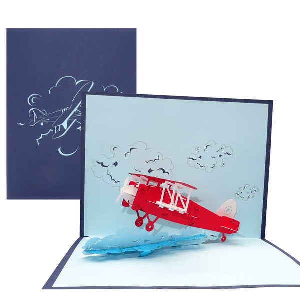 Pop Up Karte "Flugzeug" - 3D Geburtstagskarte, Flugzeugkarte mit 3D Modell Propellerflugzeug als Gutschein, Geschenkverpackung zur Flugreise