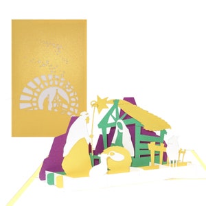 Biglietto di Natale 3D “Presepe con stella” in oro – biglietto pop-up elegante e moderno con busta
