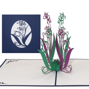 Biglietto pop-up "Gigli" verde e viola, biglietto floreale 3D, delicato biglietto d'auguri, biglietto d'auguri, auguri di primavera, buono