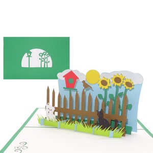 Carte pop-up 3D « Mon petit jardin » - carte d'anniversaire jardin comme bon d'achat, chèque cadeau, invitation avec chien, chat et nichoir