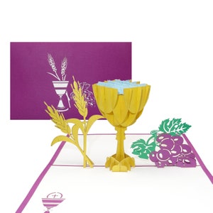 Pop Up Karte "Kelch & Trauben" 3D Kommunionskarte mit Umschlag - Kommunion, Erstkommunion, Konfirmation, Firmung für Junge und Mädchen