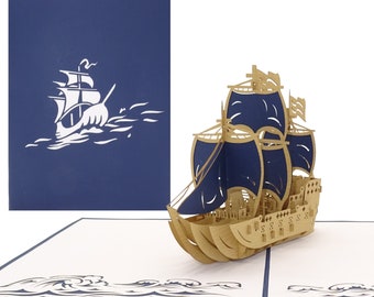 Pop-Up Card "Sailing Ship - 3-Master" 3D Birthday Card, Travel Voucher Ship Boat Holiday Invitation Seafaring