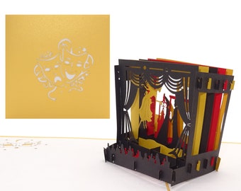 Pop-upkaart "Theater - Theaterpodium" voucher, uitnodiging, 3D-verjaardagskaart, elegante gouden 3D-kaart als theaterdecoratie