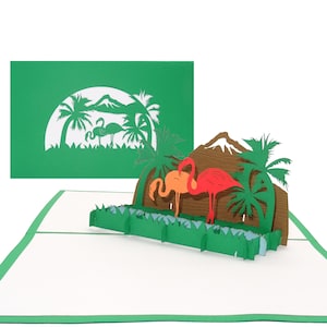 3D Pop Up Karte „Flamingos“ - Grußkarte, Glückwunschkarte, Geburtstagskarte, Reisegutschein, Geschenkgutschein