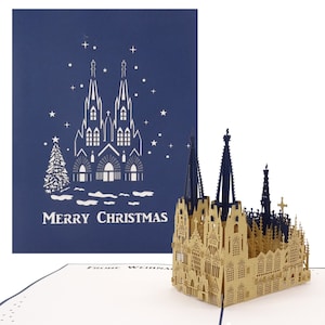 Biglietto pop-up "Duomo di Colonia "Buon Natale" in blu - Biglietto di Natale 3D con modello in filigrana di carta del Duomo di Colonia