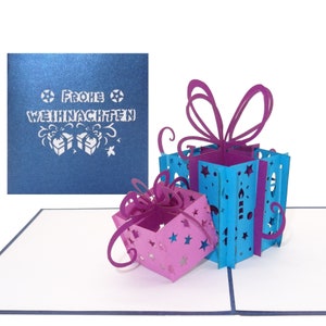 Biglietto pop-up "Regali - Buon Natale" - Biglietto di Natale 3D in elegante Stalight Blue come confezione regalo, buono e auguri di Natale