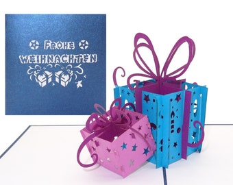 Pop-Up Card "Gifts - Merry Christmas" - 3D Christmas card in elegant Stalight Blue as gift wrapping, voucher & Christmas greeting