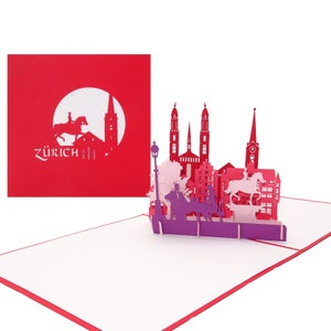 Tarjeta desplegable “Zúrich – Panorama con Grossmünster” Tarjeta de felicitación 3D con panorama de Zúrich – Mapa de la ciudad como recuerdo de Suiza, vale de invitación