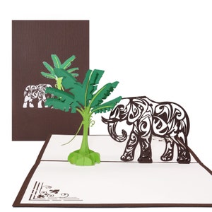 Pop Up Karte "Elefant & Bananenbaum", 3D Geburtstagskarte und Einladung Elefanten Zoo Gutschein Safari, Reisegutschein