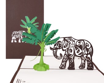 Pop Up Karte "Elefant & Bananenbaum", 3D Geburtstagskarte und Einladung Elefanten Zoo Gutschein Safari, Reisegutschein