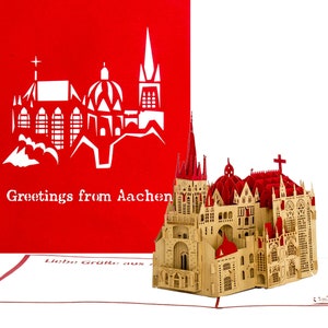 Pop Up Card Cathédrale d'Aix-la-Chapelle "Salutations d'Aix-la-Chapelle" Carte 3D avec modèle de la Cathédrale d'Aix-la-Chapelle - carte de vœux, carte postale, cadeau et souvenir