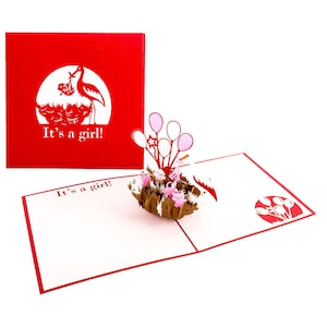 Carte Pop-Up "C'est une fille !" - Carte Crip 3D unique pour bébé – Carte de félicitations bébé et cigogne, carte bébé, anniversaire fille.