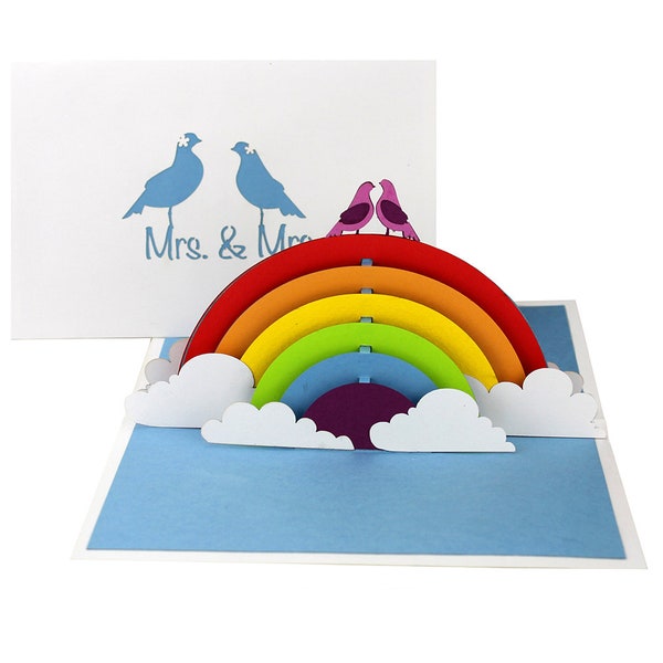 Pop Up Karte "Rainbow Birds" - 3D Hochzeitskarte Lesbische Hochzeit – Glückwunschkarte zur Hochzeit Mrs. & Mrs. lesbisch
