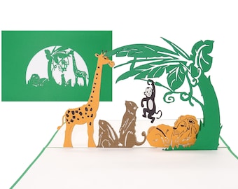 Biglietto pop-up "Animali nello zoo" - biglietto d'auguri, biglietti d'invito per il compleanno dei bambini allo zoo con leone, giraffa e scimmia