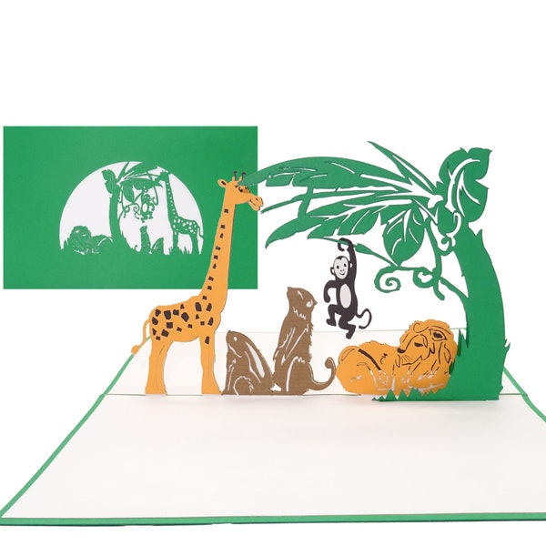 Pop-Up Karte "Tiere im Zoo" - Geburtstagskarte, Einladungskarten Kindergeburtstag Zoo mit Löwe, Giraffe & Affe