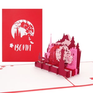 Cartão pop-up "Bonn Panorama & Cherry Blossom" - cartão 3D com Bonn Minster - lembrança, cartão de aniversário, convite e voucher de viagem