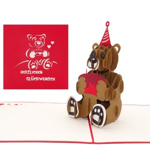 Carte pop-up "Teddy avec gâteau" Carte d'anniversaire 3D amusante et carte de vœux d'anniversaire avec enveloppe
