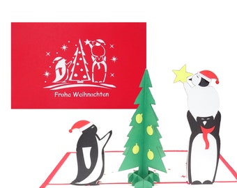 Carte de Noël 3D « Pingouins et sapin de Noël » - carte pop-up amusante pour Noël comme carte de Noël, emballage cadeau, chèque cadeau