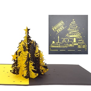 Tarjeta de Navidad 3D Dortmund "Árbol de Navidad y horizonte de Dortmund" - Tarjeta desplegable - Navidad en negro y amarillo