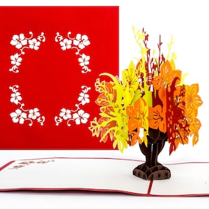 Pop-Up Karte "Blumenbouquet Rot & Gelb" - Genesungskarte Gute Bessung, Blumenkarte als Einladung, Geschenkverpackung und schöne Blumendeko