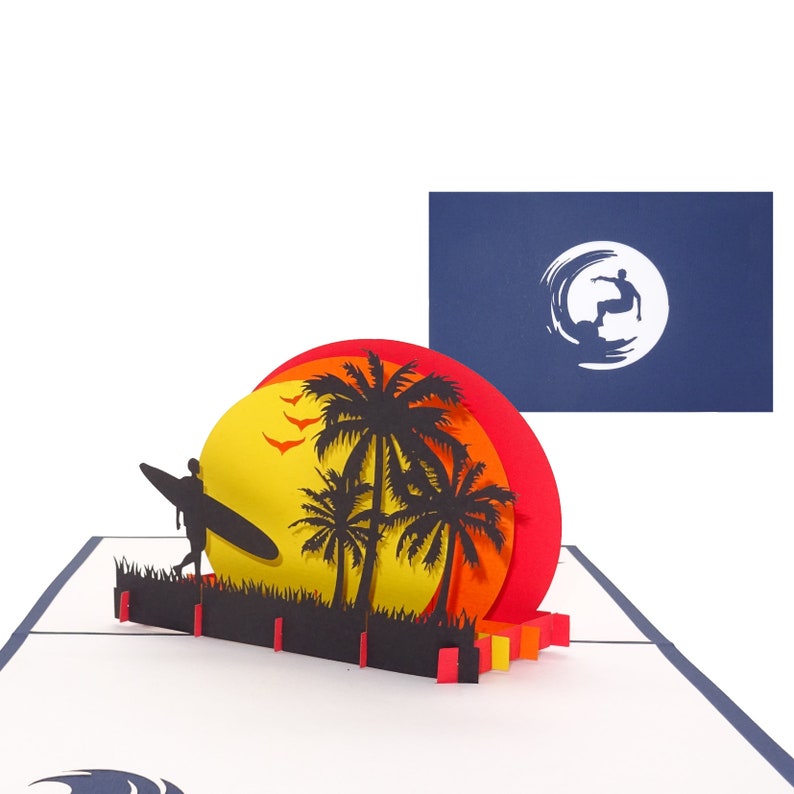 3D Pop Up Greeting Card Surfer Sunset Beach Travel Voucher Surf Trip, Surfer Gift Voucher Card Birthday Cards Surfboard Gift Card image 3