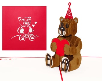 Carte pop-up « Ours en peluche avec cœur » - élégante carte d'anniversaire 3D, carte de Saint-Valentin, carte de mariage, carte d'anniversaire de mariage et carte de Saint-Valentin