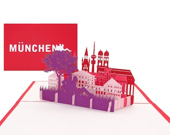 Tarjeta de felicitación "Múnich - Panorama con Frauenkirche". Tarjeta desplegable 3D como recuerdo, tarjeta de cumpleaños, invitación o bono de viaje. Excursión a Múnich.
