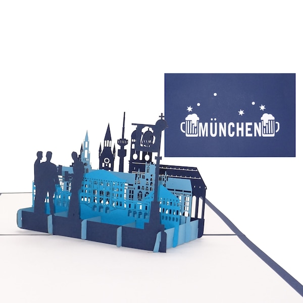 Pop Up Karte „München Skyline - München & Bayrisches Bier“ - 3D Grußkarte als Souvenir, Einladung, Gutschein Reisegutschein Oktoberfest