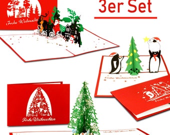 3er Set Weihnachtskarten | Karten mit 3 verschiedenen 3D Pop-up Weihnachtsmotiven | Christbaum | Weihnachtsmann | Pinguine Weihnachtsbaum