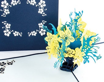 Carte pop-up Vase à fleurs | Bouquet « Melina » Bleu & Jaune - Carte Fleur, Carte Anniversaire, Coupon, Carte Pop Up 3D, Carte Cadeau