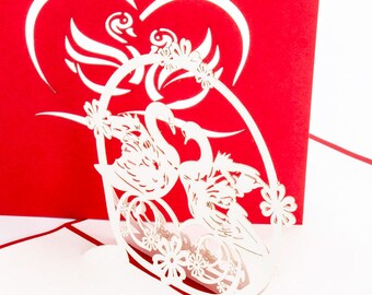 3D Pop-Up Karte Hochzeit "Schwäne" Hochzeitskarte, Verlobungskarte, Valentinskarte, Grußkarte, Liebesgruß Verlobung Hochzeit Einladungskarte