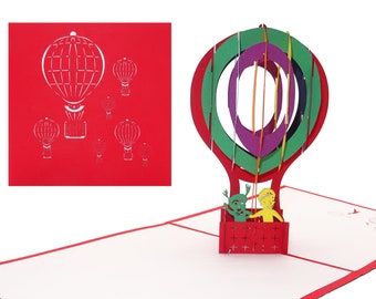 Pop Up Card "Hot Air Balloon" - colorful 3D birthday card, invitation & voucher balloon ride - congratulations card with envelope