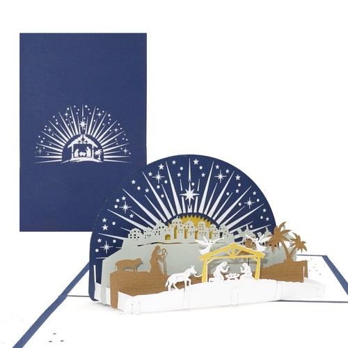 Tarjeta de Navidad 3D “Sagrada Familia - Belén con estrella” - Tarjeta emergente con sobre para Navidad - Belén cristiano