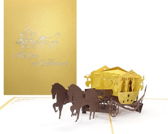 Pop Up Karte "Alles Gute zur Goldhochzeit - Kutsche" Goldhochzeitskarte mit Umschlag - Große 3D Grußkarte Goldene Hochzeit Glückwunschkarte